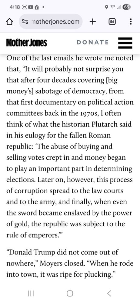 An excerpt from an email by Bill Moyers to the Mother Jones author on how buying votes led to Rome's downfall