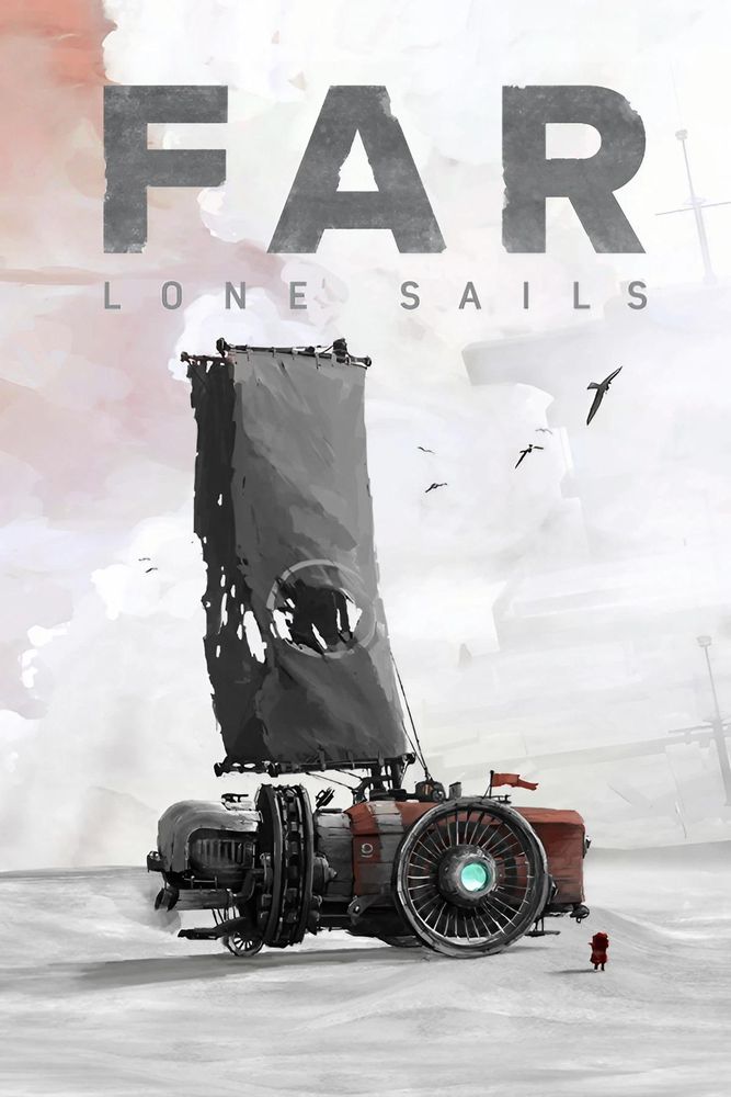 cover art for FAR: Lone Sails. 

includes an odd looking vehicle in a bleak looking dessert. very grey and dusty pink looking with birds in the air. the vehicle has one big wheel up front and a tall tattered sail on top. there’s a small character shoot in front of it. 
