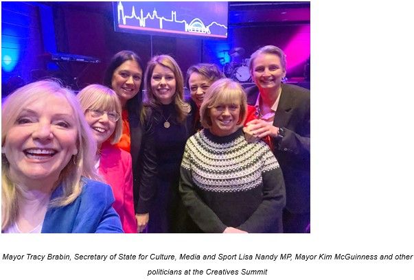 Photo from recent Labour event with caption that reads "Mayor Tracy Brabin, Secretary of State for Culture, Media and Sport Lisa Nandy MP, Mayor Kim McGuinness and other politicians at the Creatives Summit"