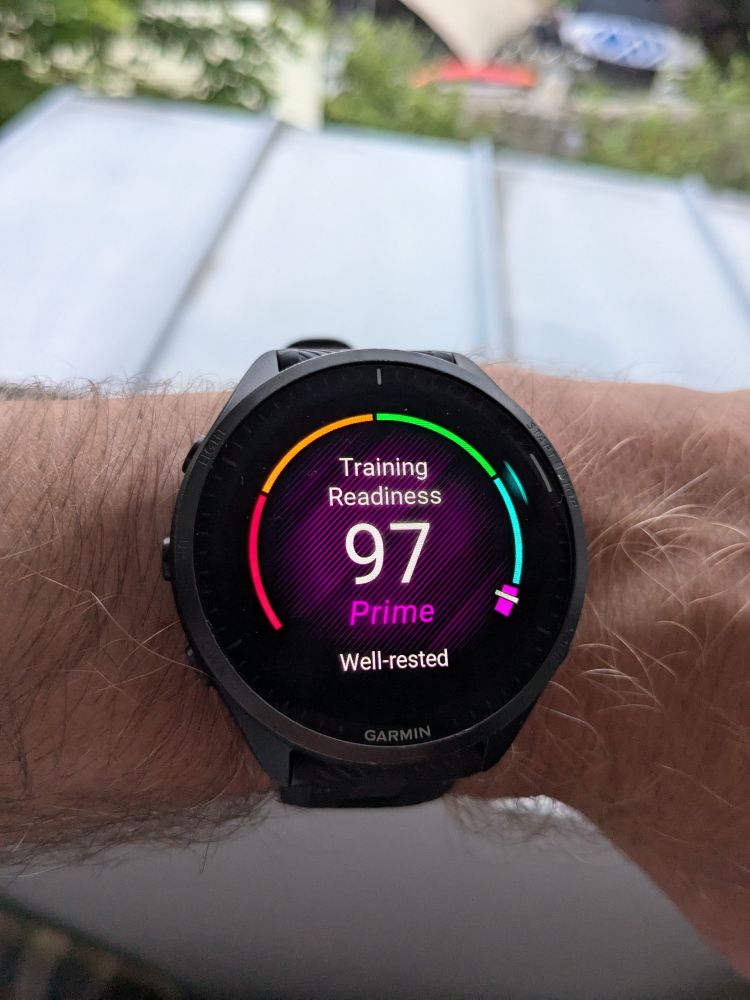 Picture of my Garmin watch showing a training readiness score of 97