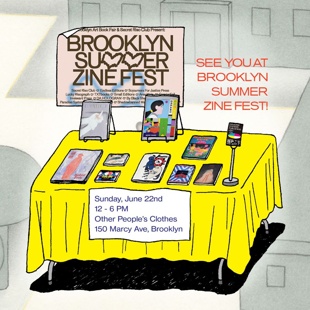 Image description: A drawing of our table showing a few Paradise Systems books spread across a yellow tablecloth.
In the background, a soft pencil drawing by Ganmu from her comic SUMMERTIME.