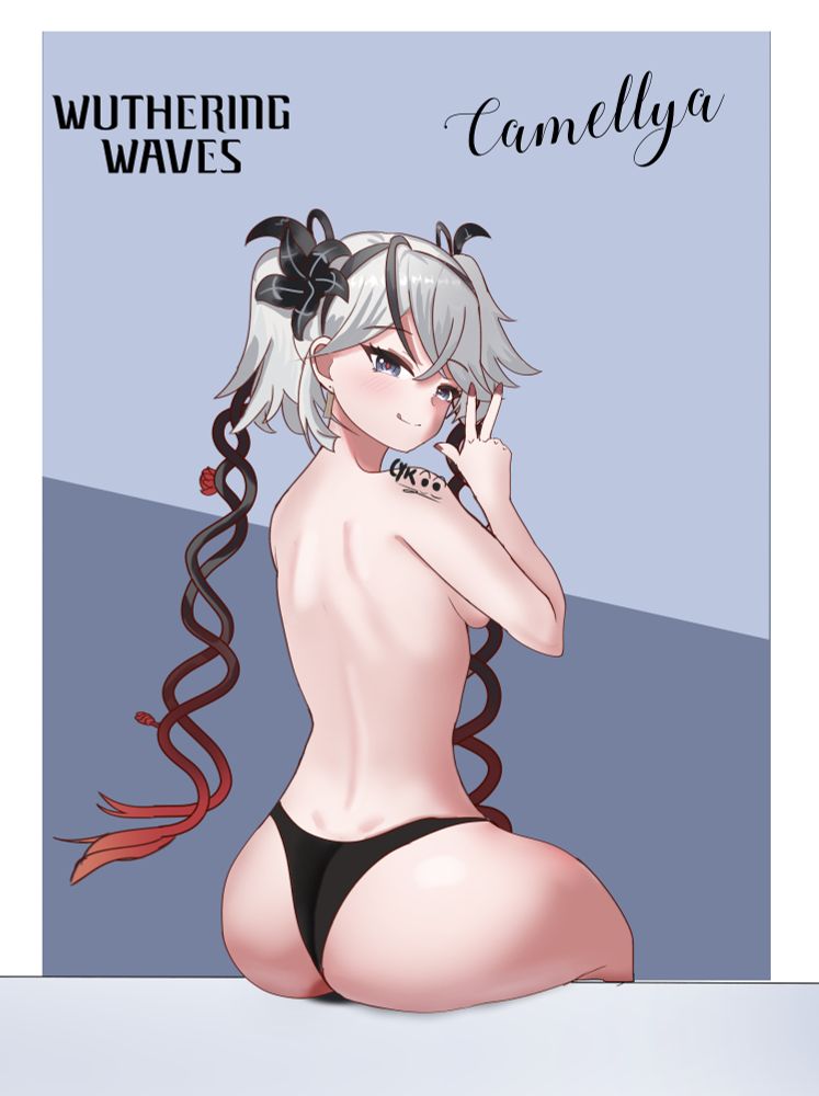 Camellya from Wuthering waves, bare back and wearing panties. Non explicit but slightly NSFW