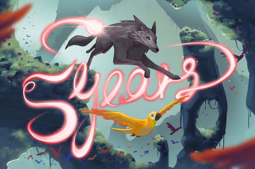 5 year Lost Ember artwork. The digitally drawn picture shows the wolf jumping over "5 years" that is written in the air by the light companion. There are also parrots flying around.