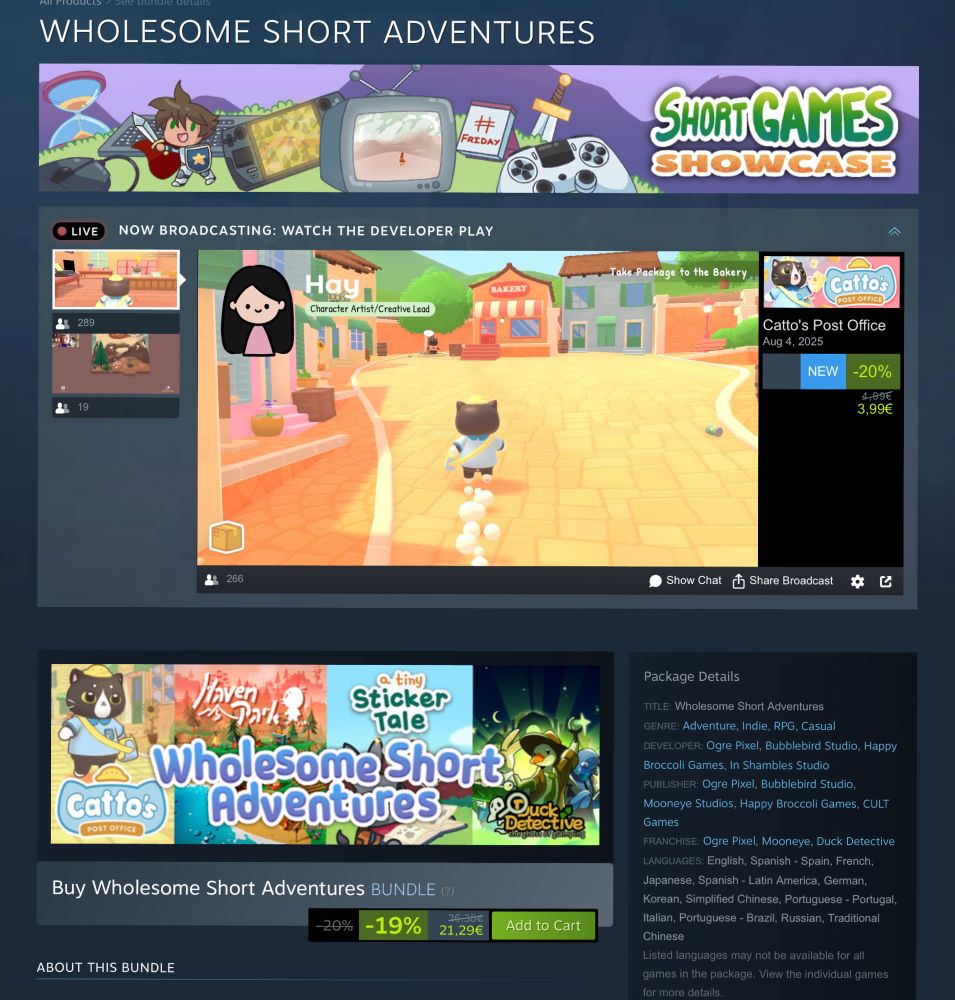 Wholesome Short Adventures Bundle ft.

🐤 Haven Park
🐈‍⬛ Catto's Post Office
🦆 Duck Detective
🫏 A Tiny Sticker Tale 