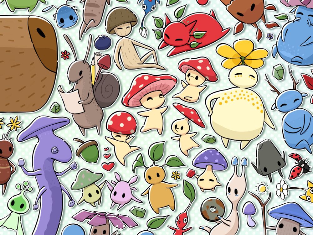 Artwork for the indie game "Smushi Come Home" ft. Smushi (the toadstool mushroom in the middle), Smushi's siblings and a lot of NPCs you meet through the game.

Bonus easter egg: 3 Pikmin sneaked into the picture too~