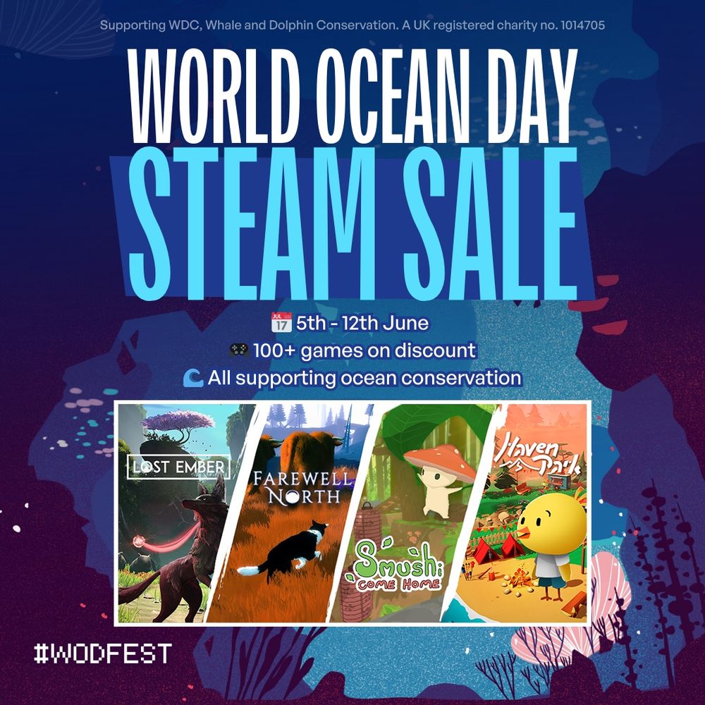World Ocean Day Steam Sale
5th - 12th June
100+ games on discount
All supporting ocean conservation

Mooneye participating with
Lost Ember
Farwell North
Smushi Come Home
Haven Park

#WODFEST