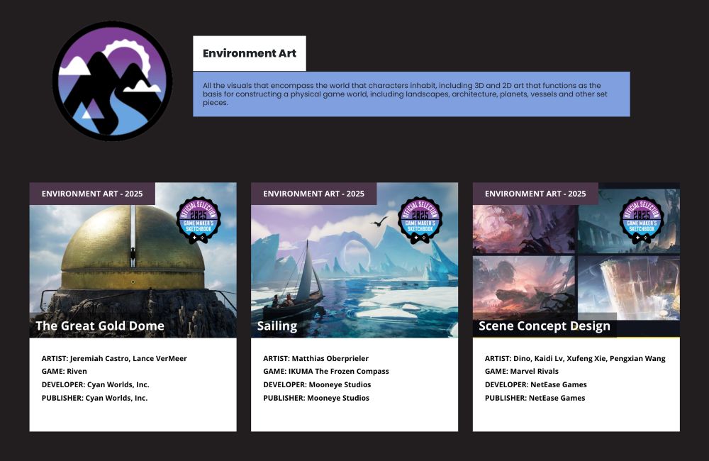 Environment Art
All the visuals that encompass the world that characters inhabit, including 3D and 2D art that functions as the basis for constructing a physical game world, including landscapes, architecture, planets, vessels and other set pieces.

Official Selection: Riven, IKUMA The Frozen Compass, Marvel Rivals