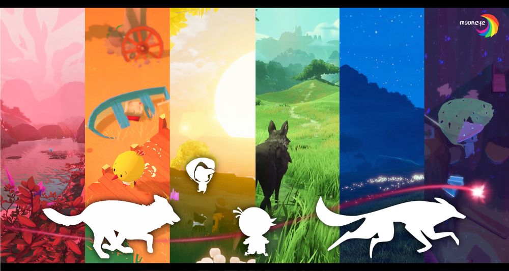 The colors of Mooneye - not just in June but all year!~

Picture shows 6 columns in the background, each showing a scene from a Mooneye game in one specific color:
Red: Lost Ember morning scene
Orange: Fields at the boat bridge in Haven Park
Yellow: Golden Sunrise in Farewell North
Green: The Meadow in Lost Ember
Blue: Fireflies at night in Lost Ember
Purple: The crystal cave in Smushi Come Home

In the foreground you see the white silhouettes of the game characters.

(Lost Ember is a Mooneye original game, Haven Park, Smusi Come Home and Farewell North are our Published Games)