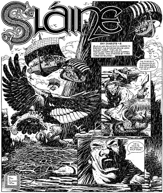 A page of art by Mike McMahon Page of Mike McMahon from "Slaine - Sky Chariots". An airborne chariot swoops towards the viewer (one of several in flight). In the foreground, an Eagle flies up, having caught a fish.