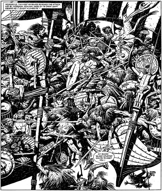 Page of Mike McMahon art from "Slaine - Sky Chariots". One single frame, a colossal swords, shields, pikes and halberds battle.