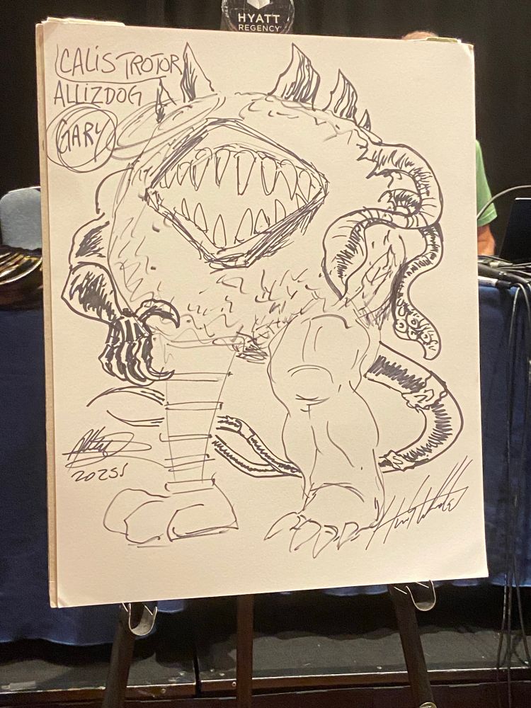 Close up of the mash-up Kaiju “Gary” drawn by Matt Frank and Hiroshi Kanatani at their panel at G-Fest 2025.