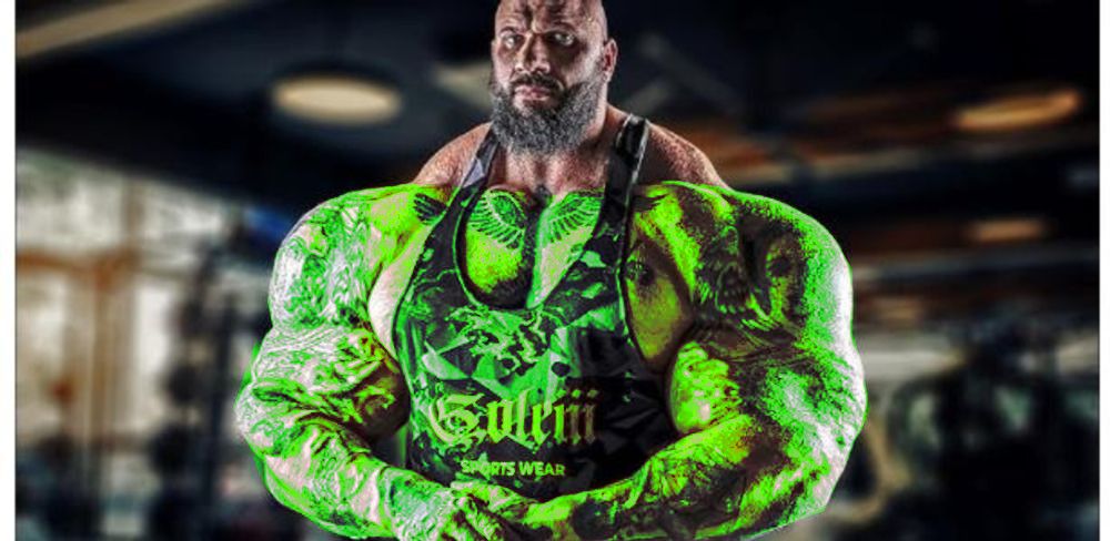 Edição na foto do nazista bombado para destacar os músculos em verde separando da parte superior do corpo.
