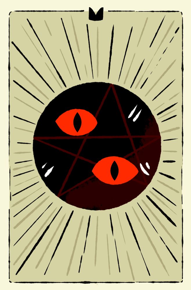 Recreation of the Cult of the lamb Tarot card "The all seeing sun" displaying a black circle with a pentagram and two red displaced eyes, with strokes outside representing sunbeams.