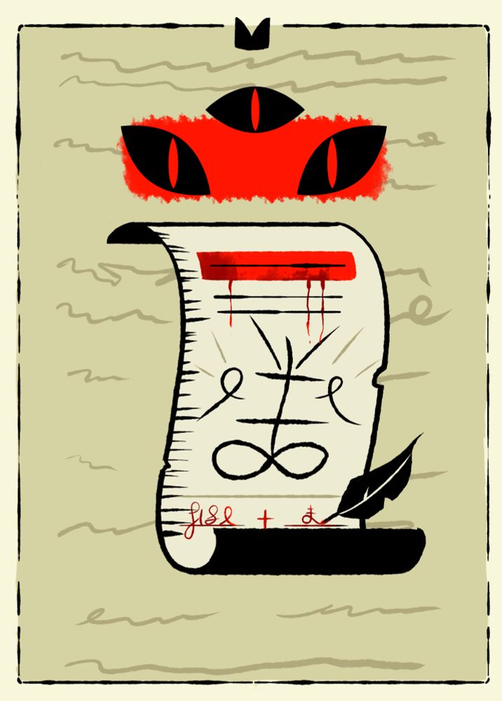 Recreation of "The Deal", depicting a scroll contract being written, signed in bloody letters, with 3 eyes observing, modified from the original with 2 eyes.