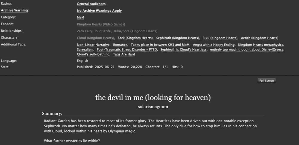 a screenshot of the details of my kh zakkura fic - full text on ao3