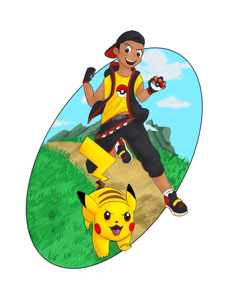 Digital drawing of a custom pokemon trainer and pikachu with the outline of an oval behind the character with grass, mountains, and a walking trail 