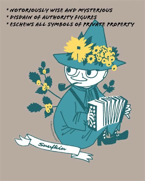 The image depicts a whimsical cartoon character, Snufkin, in two mirrored poses. Snufkin wears a teal hat and outfit adorned with yellow flowers, smokes a pipe, and holds an accordion. A banner with "Snufkin" in teal script is below each figure against a taupe background.