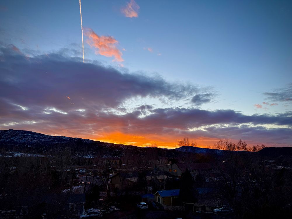 Red sunset over mountain range