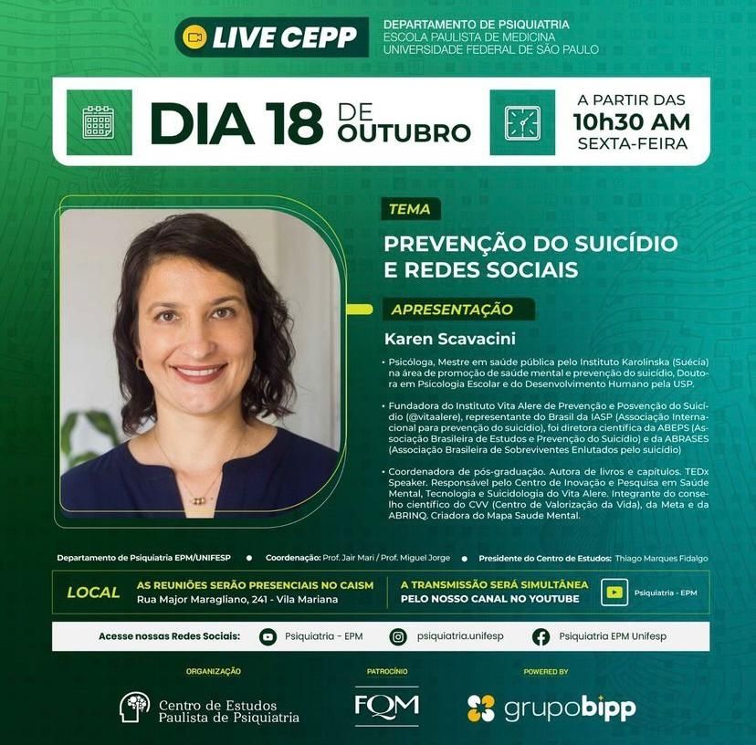 Divulgação da live da Karen Scavacini de prevenção do suicídio e redes sociais 