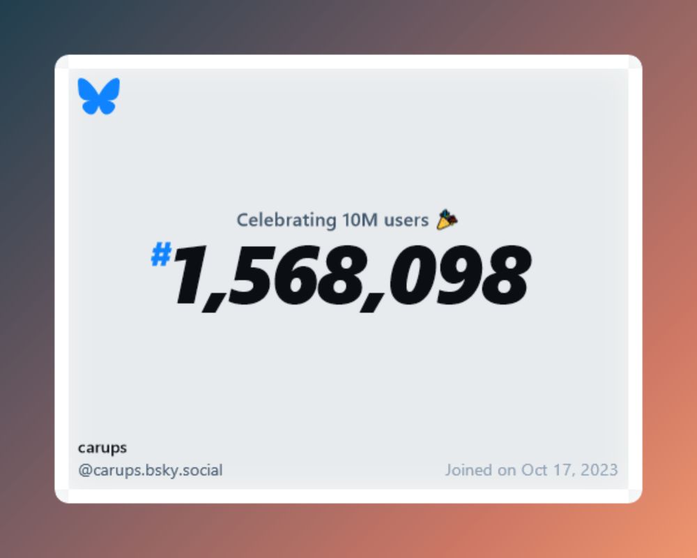 A virtual certificate with text "Celebrating 10M users on Bluesky, #1,568,098, carups ‪@carups.bsky.social‬, joined on Oct 17, 2023"