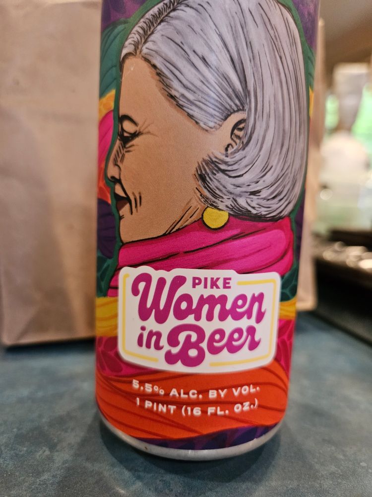 Rainbow can labeled
PIKE
WOMEN in BEER
5.5% alcohol by vol
1 pint (16 fl oz)