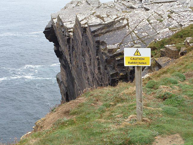 Jagged cliff edge over ocean, with advisory sign "CAUTION: Rabbit holes"