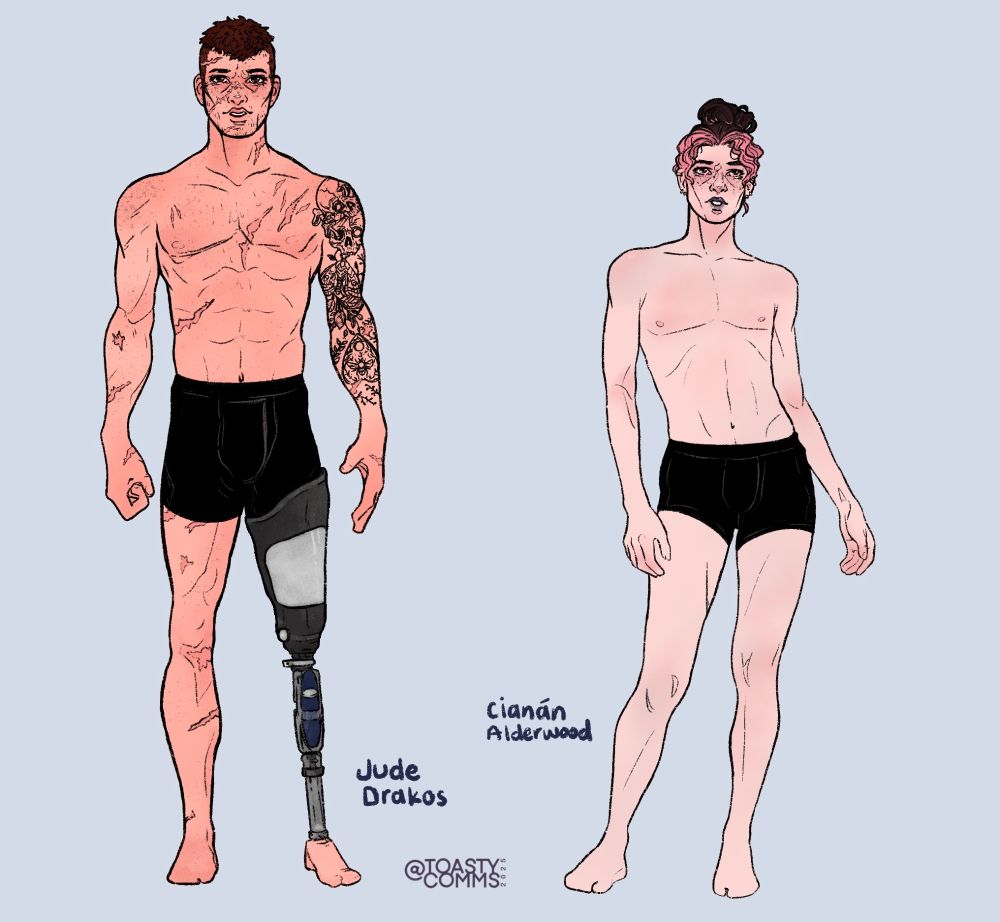 a reference sheet of two men. the one on the left, jude, is heavily scarred and has a full tatoo sleeve on his left arm. his left leg is replaced with a prosthetic leg, from the thigh down. he wears black boxers, and his name, jude drakos, appears beside his left ankle. cianán is wearing black boxers and is much paler than jude. his body is not scarred, and he has a pink moneypiece in his hair, the rest of his hair being black. his name, cianán alderwood, is by his right calf. 