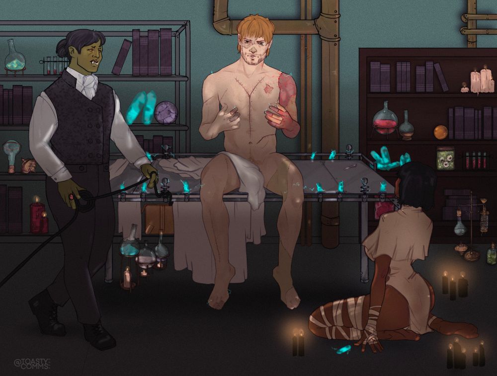 a half orc in a suit stands to the left as a human male sits on a medical table surrounded by crystals.  his left arm is red and glowing, and his whole body is stitched together.  a dark skinned woman sits on the ground to the bottom right looking at the man, surrounded by black candles.  this image has less shadow and is brighter.