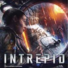 Intrepid cover: a female astronaut watches as a meteor shower shreds her space station