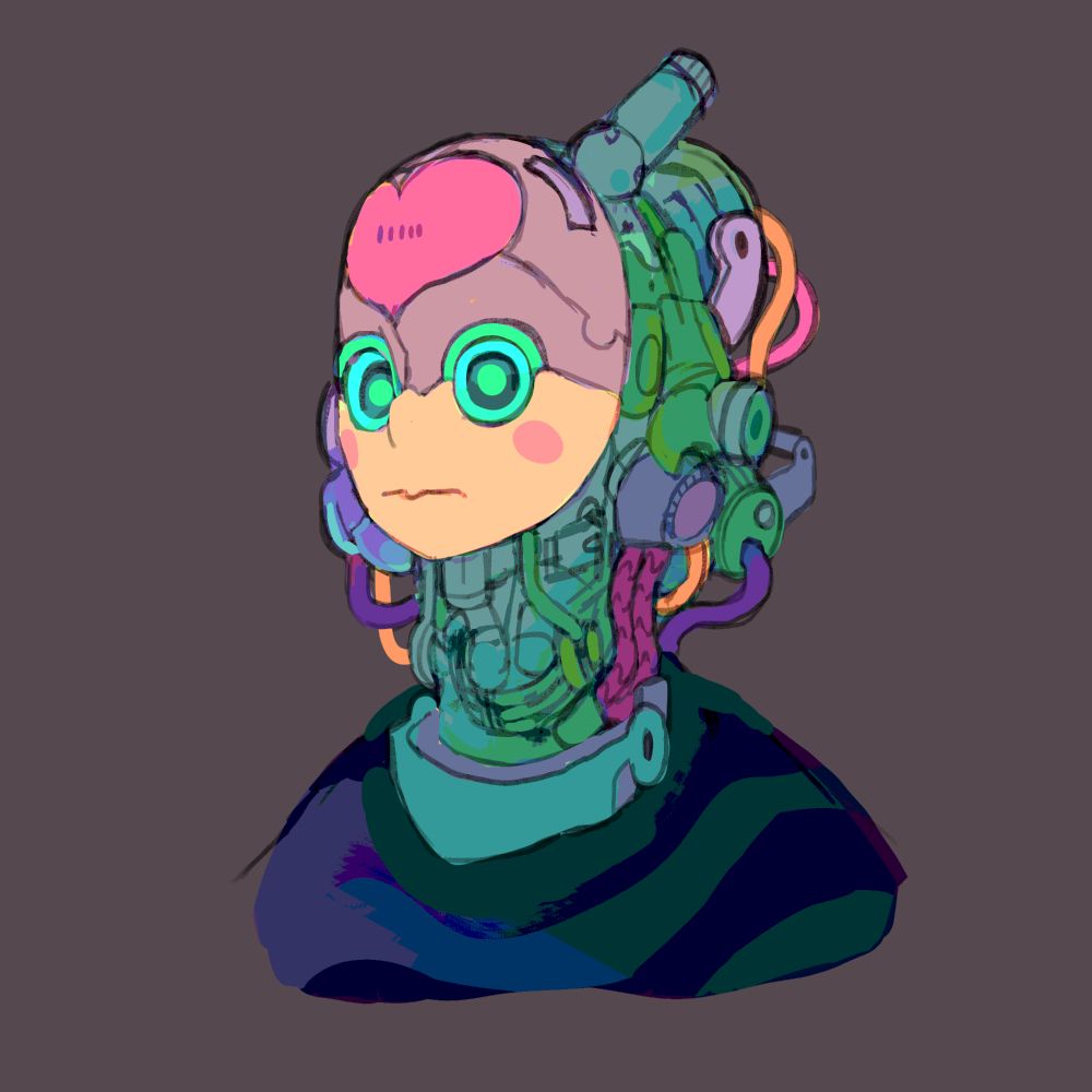 A drawing of a humanoid robot wearing a human face mask at the bottom area of its face, at the top, you see metal, glowing green circular eyes and other mechanical details are visible: a heart symbol engraved and colored. The mask has pale skin and a neutral expression.
More green, yellow and purple mechanical frame with tubes, cables, and panels are visible up to the start of torso area. After that, they also wear a dark, vertically striped sweater