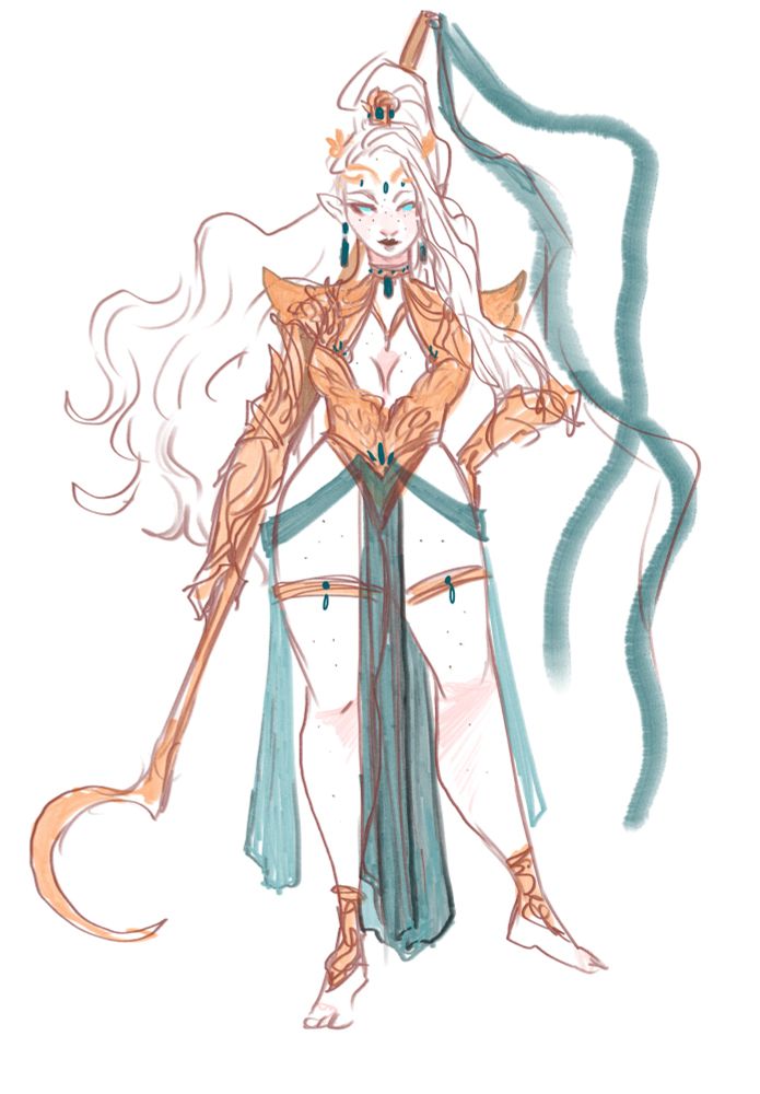 A sketch of a pale half elf woman with long blond hair tied up in a flowing ponytail. She’s wearing skimpy gold armor and wielding a long golden scythe-like weapon.