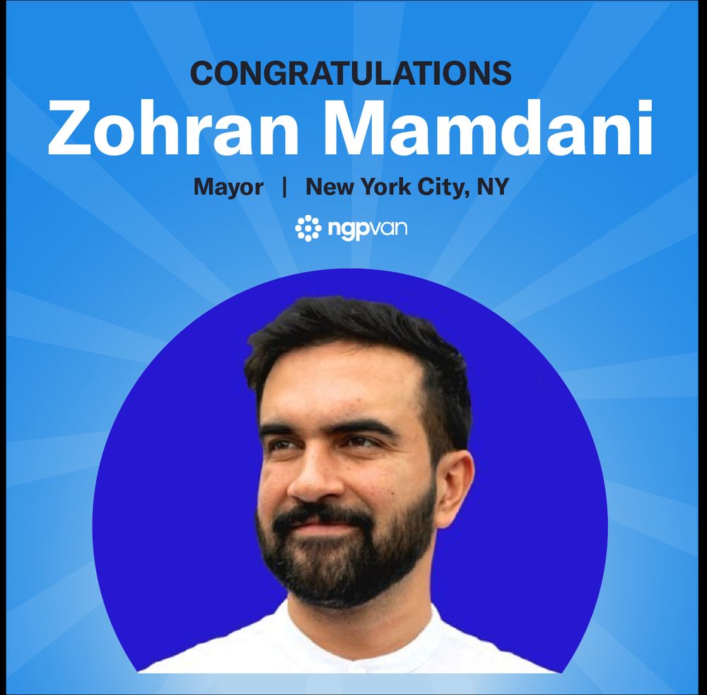 A graphic congratulating Zohran Mamdani on being elected Mayor of New York City, featuring a portrait of Zohran Mamdani with the NGP VAN logo.