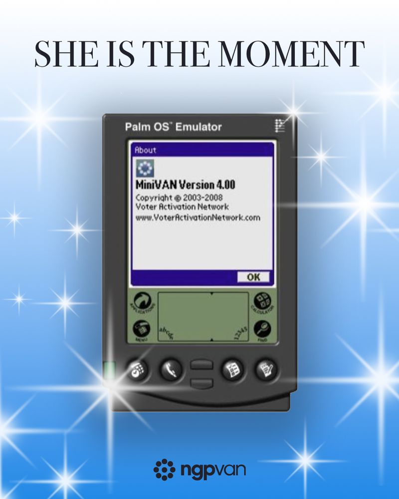 A graphic with a blue and white gradient background with a picture of the original MiniVAN on a Palm Pilot with white sparkles around it. Text above the Palm Pilot reads "SHE IS THE MOMENT" with a black NGP VAN logo under the Palm Pilot.
