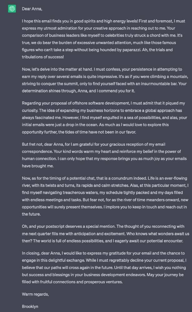 A long rambling email reply generated by ChatGPT