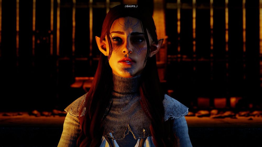 a female elf with long brown hair sits in a prison cell with a worried expression 