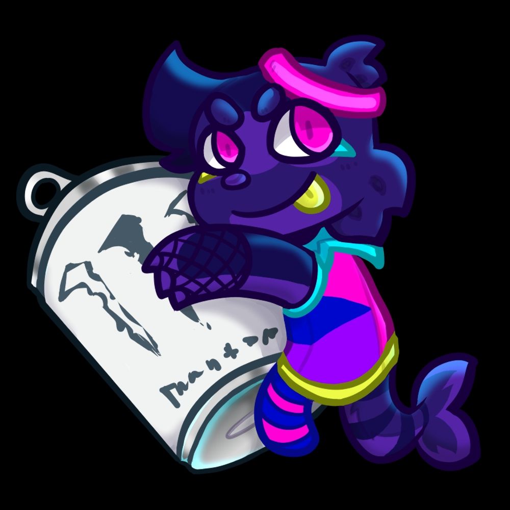 A Your Character Here (ych) of a purple seal furry hanging onto a can of monster energy 