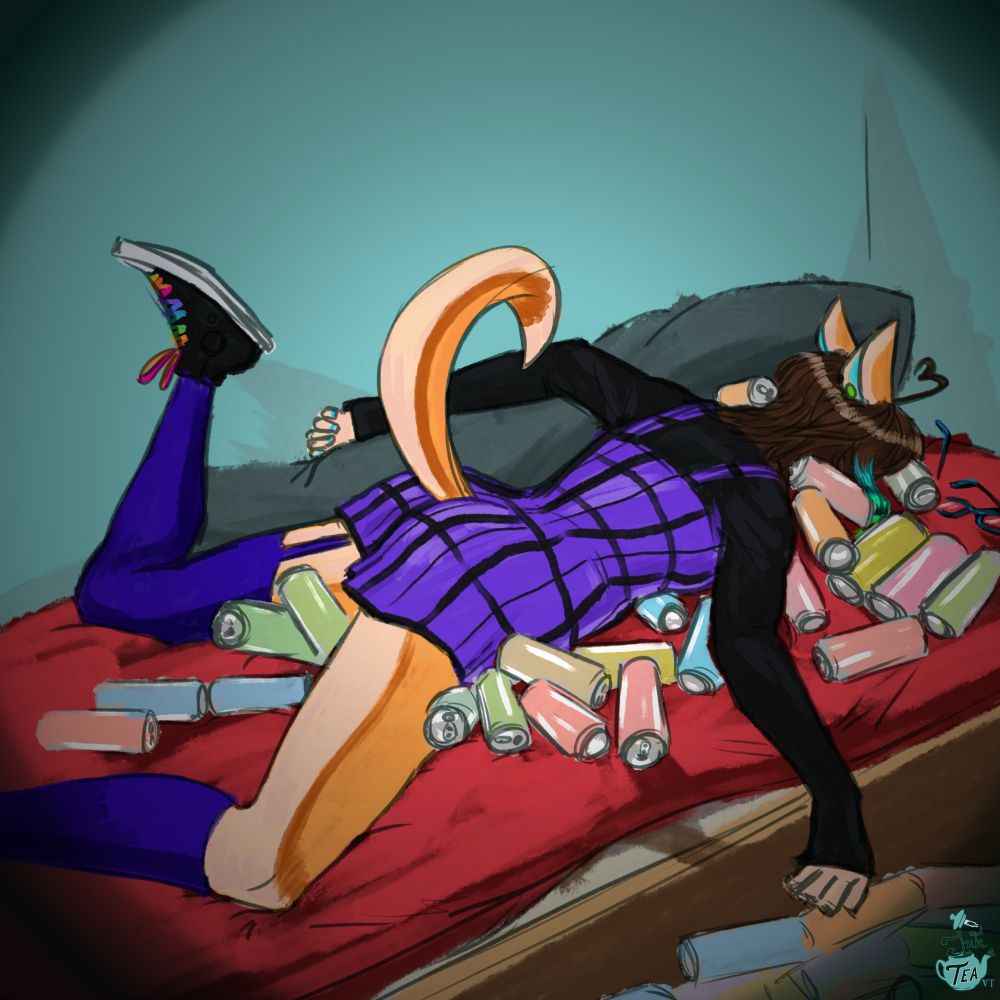 Sketch of a Shiba Inu dog girl wearing a purple plaid minidress, purple stockings, and black longsleeves lying facedown in a bed full of empty cans.
