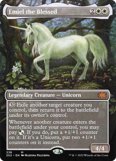 magic the gathering card named emiel the blessed, art featuring a white unicorn in a forest. 2WW 4/4 Legendary Creature Unicorn 3: Exile another target creature you control, then return it to the battlefield under its owner’s control.

Whenever another creature you control enters, you may pay {G/W}. If you do, put a +1/+1 counter on it. If it’s a Unicorn, put two +1/+1 counters on it instead.