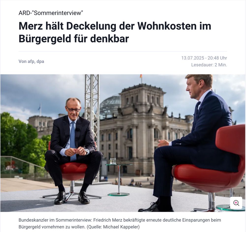 Screenshot T-Online. ARD-Sommerinterview. Merz hält Deckelung der Wohnkosten im Bürgergeld für denkbar. 