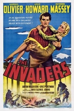 1940s illustrated movie poster for the Invaders.  A white man with black hair and a mustache in a plaid shirt carries a blonde lady in a dress.  The word Invaders is below them in three dimensional letters .