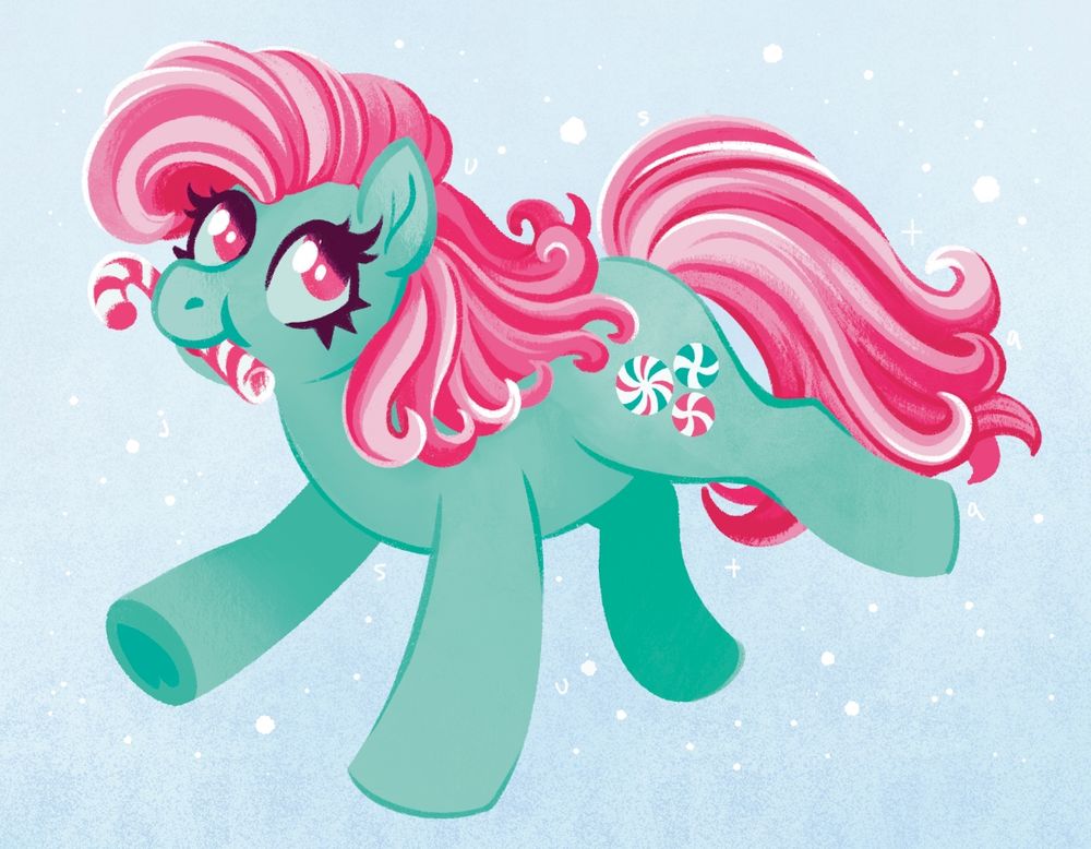 IT'S MINTY FROM MLP G3

She's got a mint green body, peppermint hair, 3 mints on her butt and a candy cane in her snoot. She's just prancing by on a wintery background.