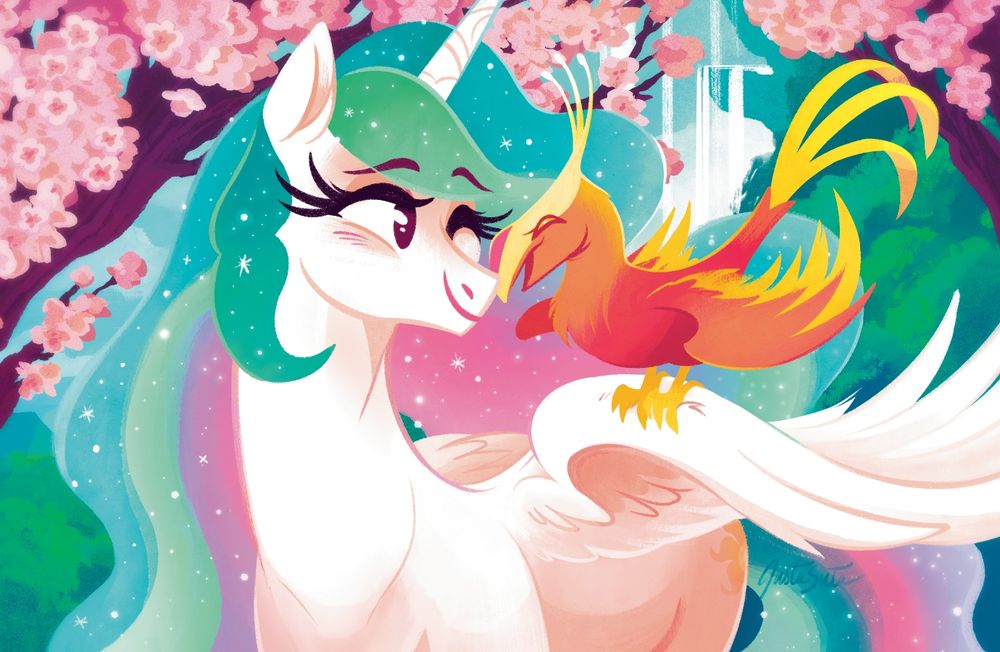 Princess Celestia and her pet phoenix Philomena. They're in a forest with cherry blossom trees, behind them waterfalls and mountains. Celestia isn't wearing her crown or royal regalia, nuzzling her birdie who is very happy to get some time with her owner. Who doesn't love spending time with their pet? 