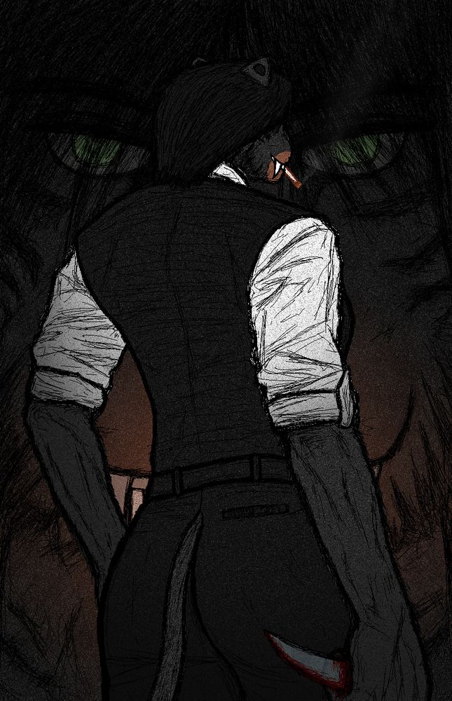 A black-furred saber-toothed tiger woman smoking with her back turned, a glass shard streaked with her own blood in her right hand.