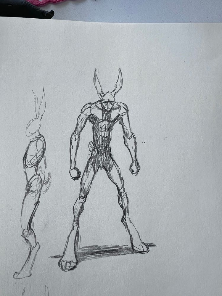 Harengon with a wiry build (D&D rabbit person)—rough sketch of their anatomical build, which is long and wiry