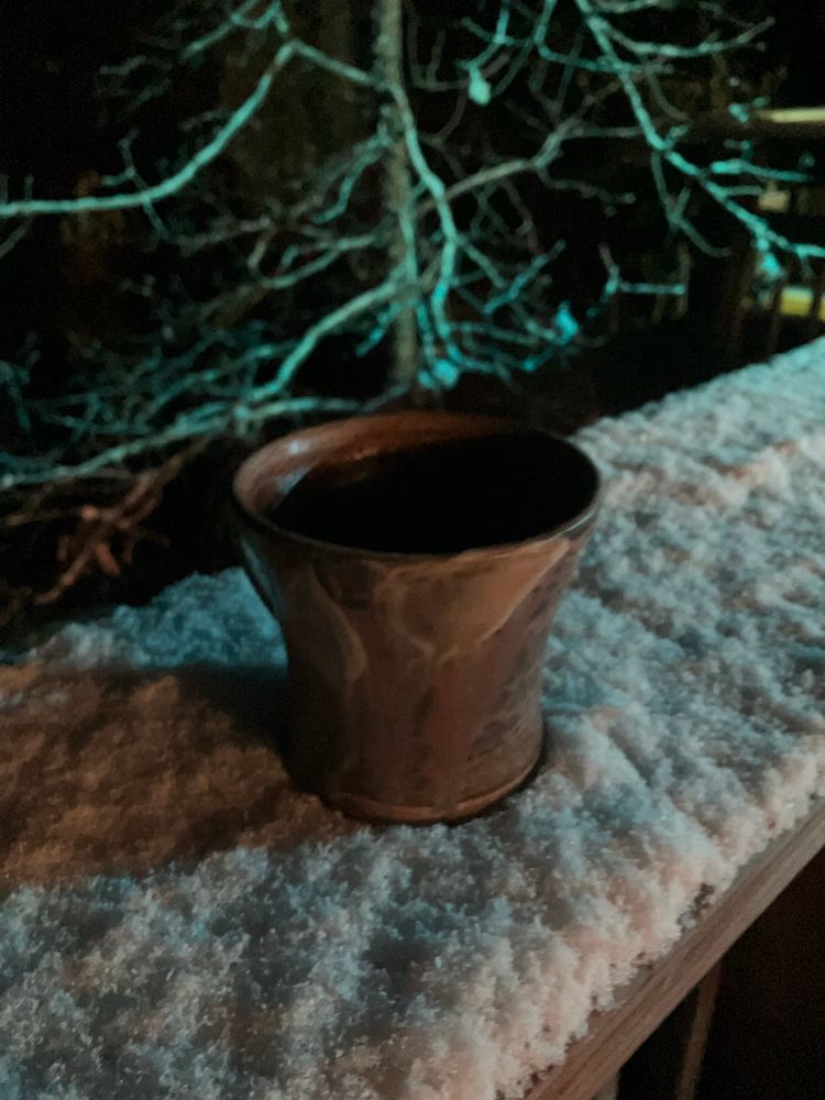 A ceramic mug sits on a wooden deck railing that is covered in snow. A leafless bur oak tree in the background with snow on its branches