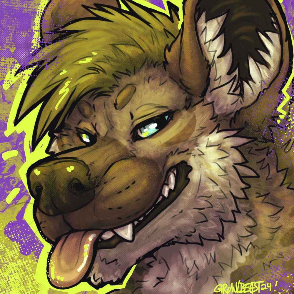 Artwork by growlbeast for Zhodir of their hyena character grinning and sticking his tongue out at the viewer. The background is a vibrant purple and green 
