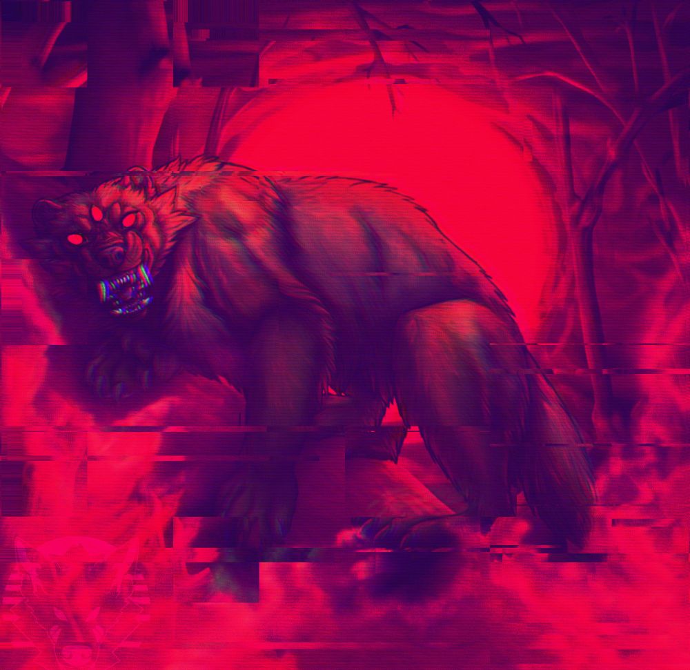 artwork by growlbeast of a wolverine monster with three eyes bathed in a red light and snarling at the viewer. The image has faux glitch affects