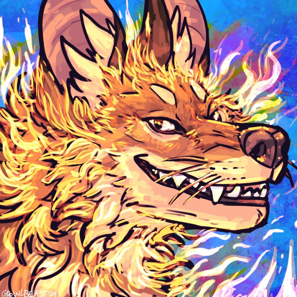 Artwork by growlbeast of her dhole character smiling at the viewer with flames emitting from her fur. The background is blue and textured like construction paper. 