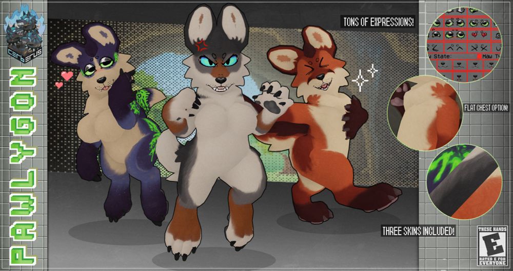 A game box style image showing off the Pawlygon avatar, mesh by @Cerberus-art.com and textures by me! (Growlbeast)
Currently only in second life but we have plans to bring it to VRC as well! 

This image shows off some of the avatar’s capabilities and features! 