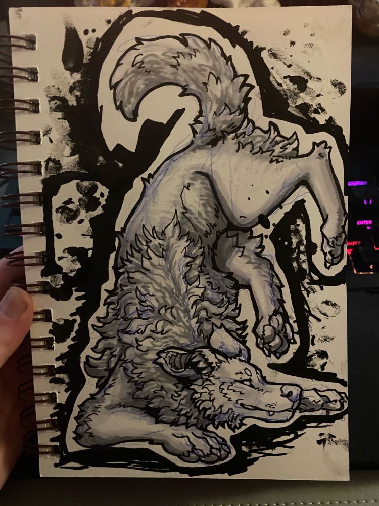 A pen and ink doodle by growlbeast of a canine is a silly playful flopping pose 